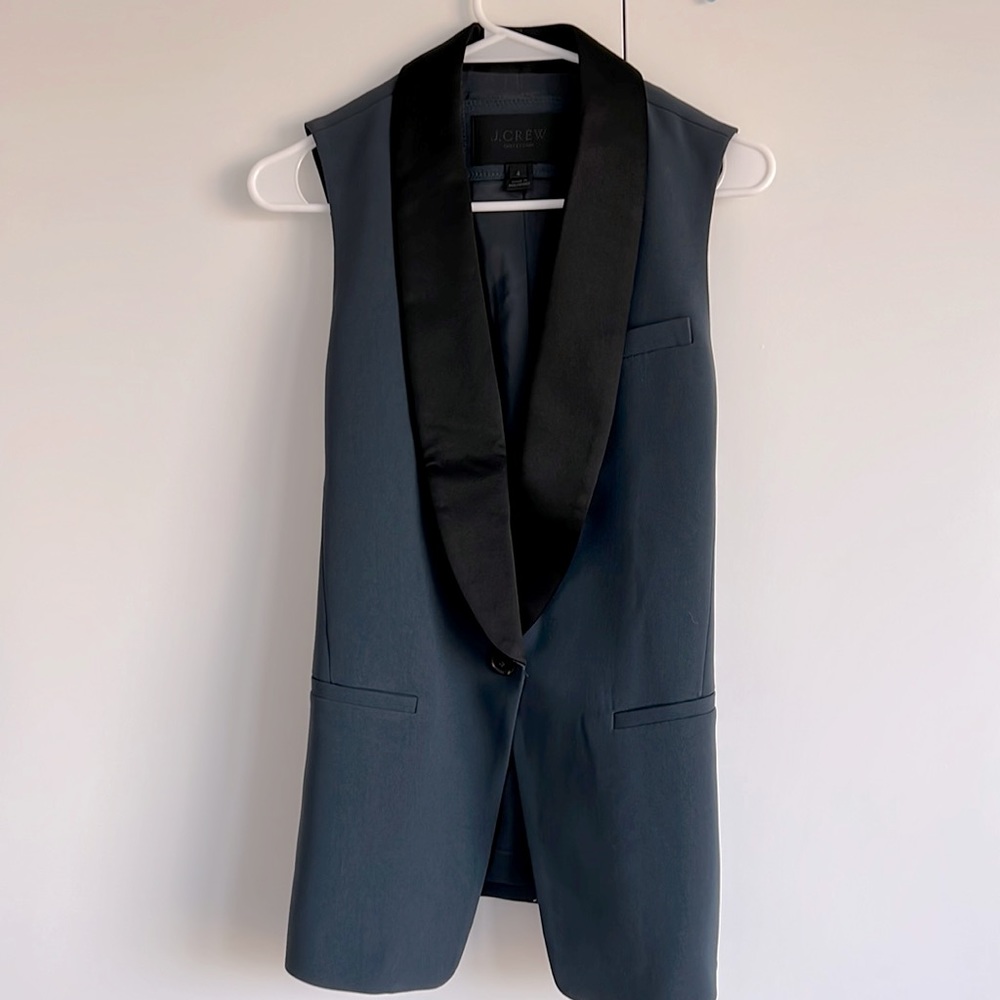 J. Crew Sleeveless Blazer in Slate Blue with Black Satin Shawl Collar